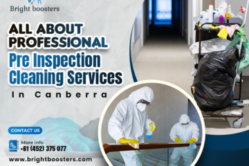 Advertisement for Bright Boosters professional pre-inspection cleaning services in Canberra, featuring cleaners in protective gear and cleaning equipment. Contact info and website included.