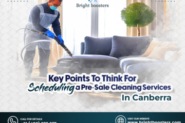 A person in protective gear is cleaning a sofa with a vacuum. Text highlights pre-sale cleaning services in Canberra by Bright Boosters. Contact details and website are provided.