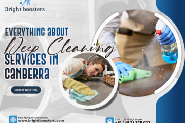 Advertisement for Bright Boosters' deep cleaning services in Canberra. Features images of cleaning activities and contact details.