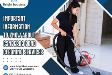 A person vacuuming a carpet in a modern, clean room. Text overlay promotes Canberra bond cleaning services by Bright Boosters, including contact details and website.