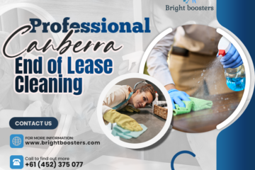 "Professional Canberra End of Lease Cleaning" featuring images of a person cleaning a bathroom and wiping a surface. Contact details for more information are provided.